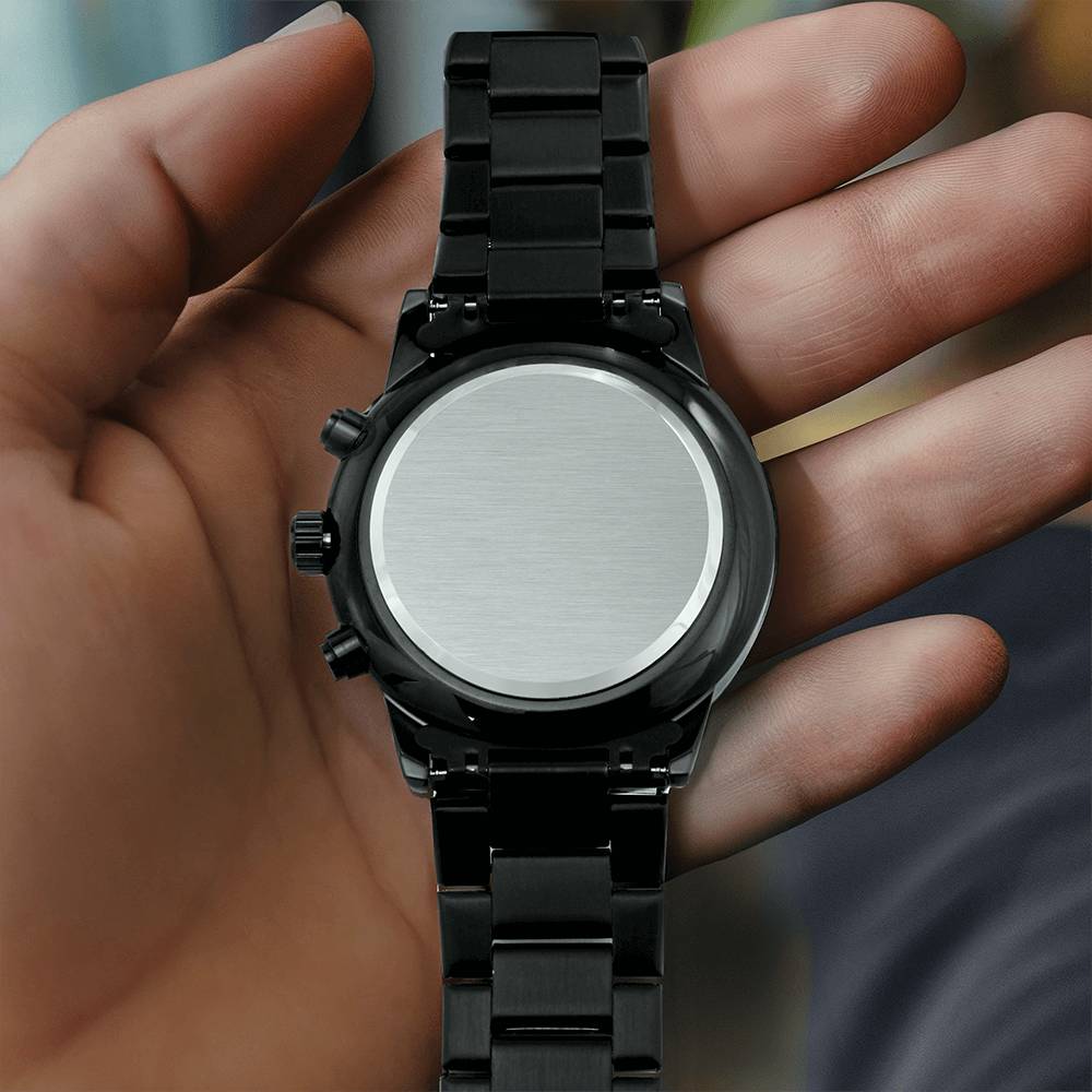 Non-Message Card Black Chronograph Watch with Engraving