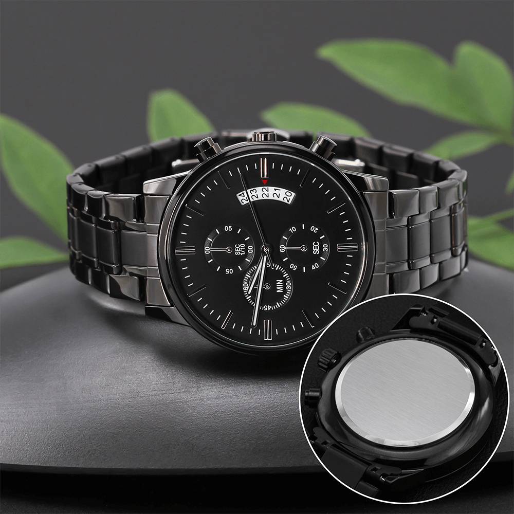 Non-Message Card Black Chronograph Watch with Engraving