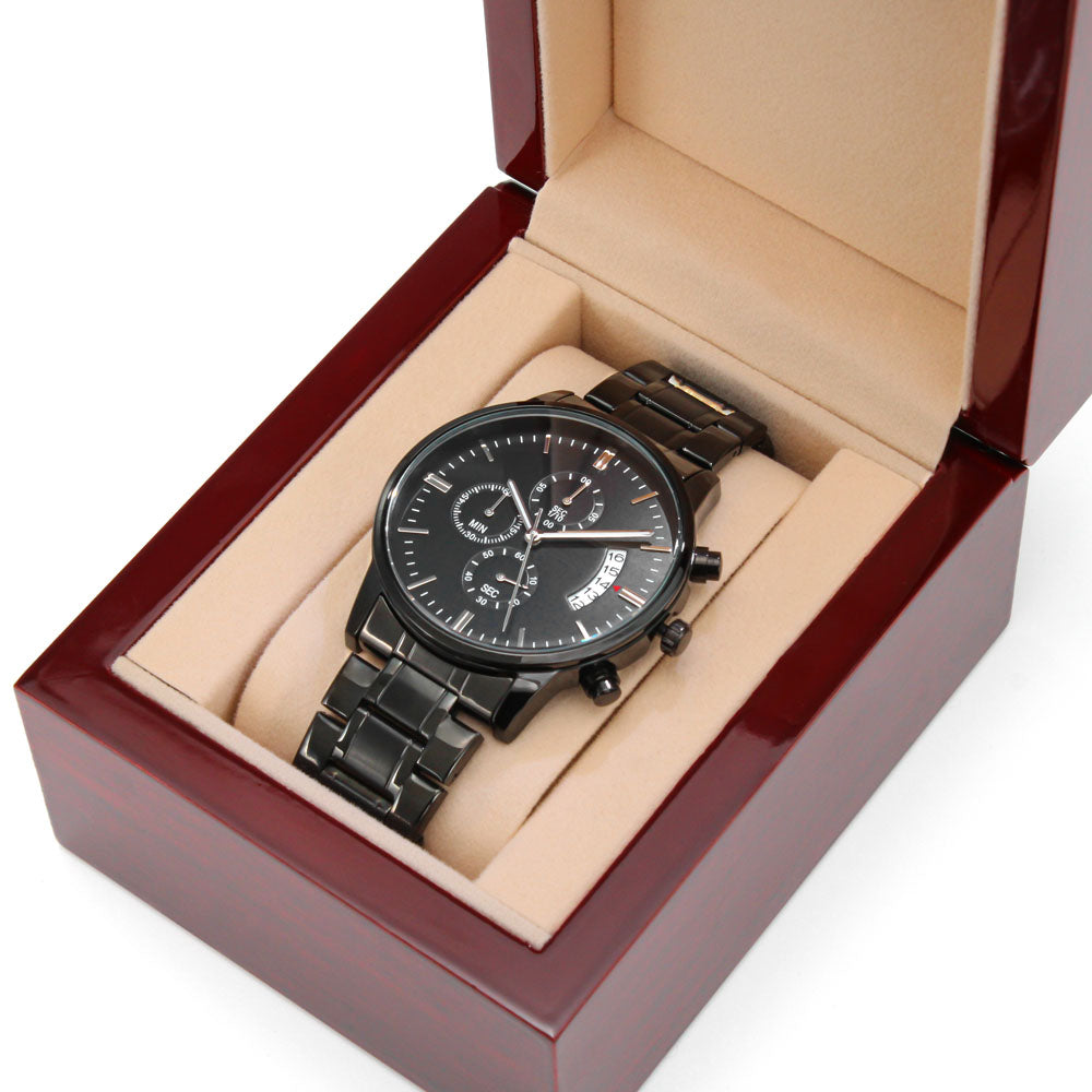 Non-Message Card Black Chronograph Watch with Buyer Upload