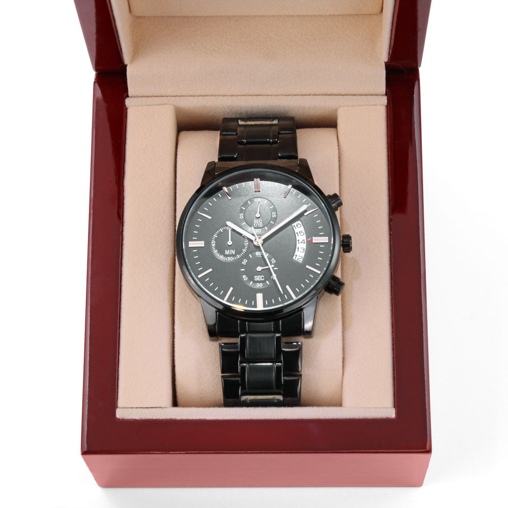 Non-Message Card Black Chronograph Watch with Buyer Upload
