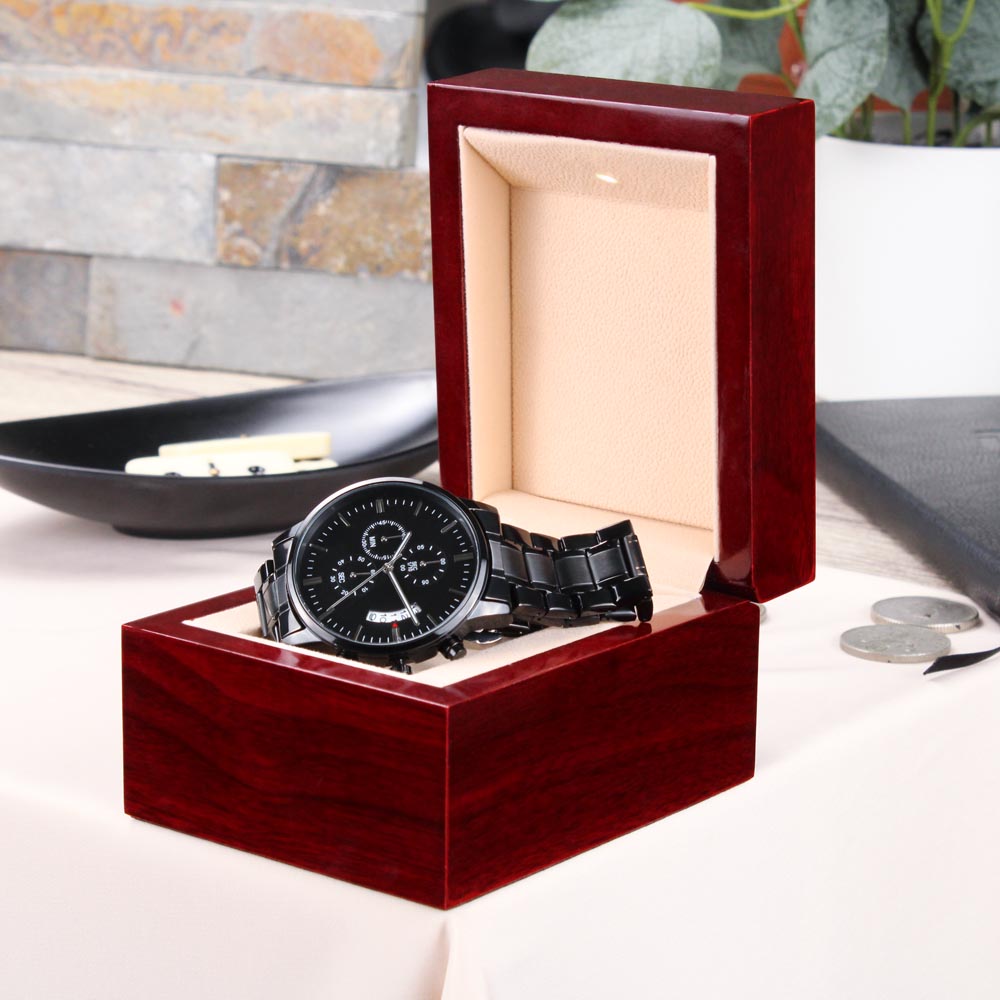 Non-Message Card Black Chronograph Watch with Buyer Upload