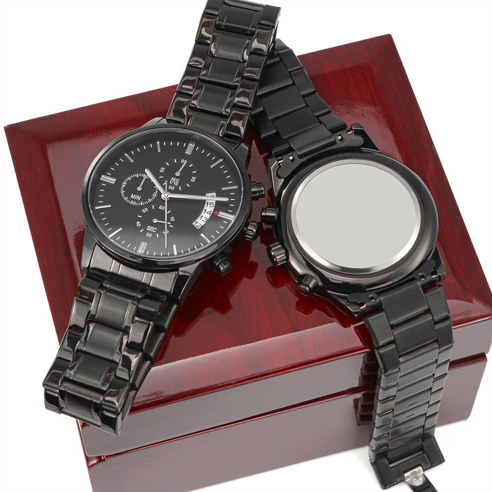 Non-Message Card Black Chronograph Watch with Engraving