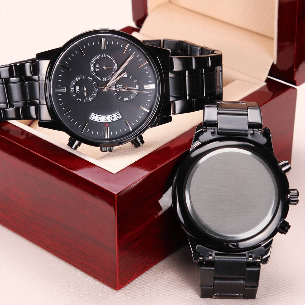 Non-Message Card Black Chronograph Watch with Engraving